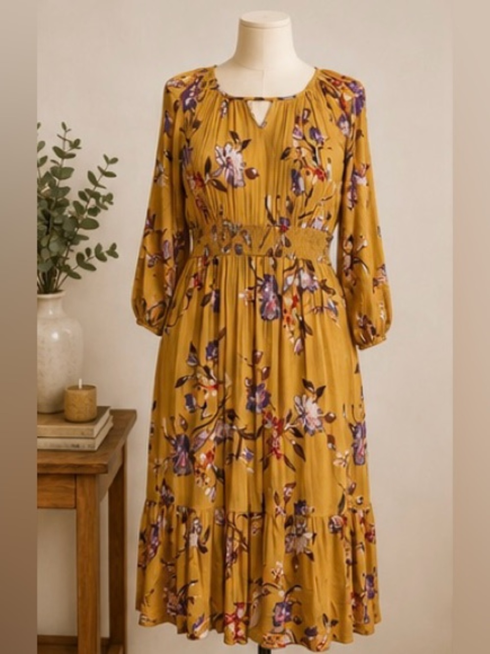 Roolee Mustard Floral Smocked Waist Tiered Midi Dress Small